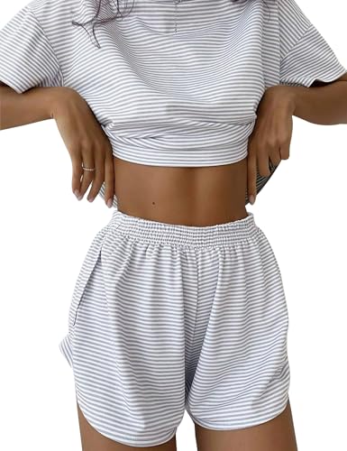 IECCP Schlafanzug Damen Kurz Pyjama T-Shirt Kurzarm Pyjamas Set Nachtwäsche Set Zweiteiliger Sommer Loungewear Sleepwear Grau und Weiß Gestreifter Schlafanzug L von IECCP
