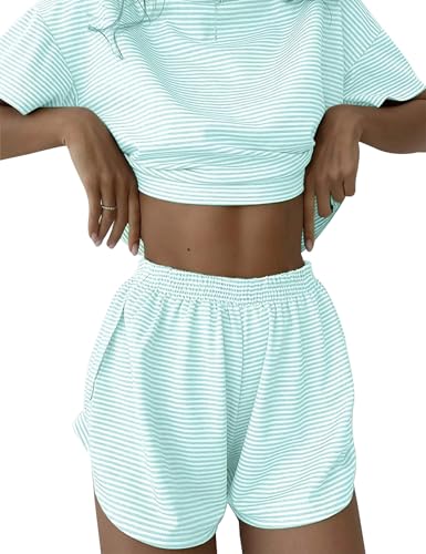 IECCP Schlafanzug Damen Kurz Pyjama T-Shirt Kurzarm Pyjamas Set Nachtwäsche Set Zweiteiliger Sommer Loungewear Sleepwear Grün und Weiß Gestreifter Pyjama L von IECCP