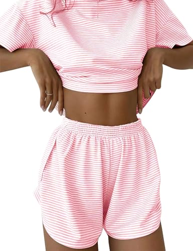IECCP Schlafanzug Damen Kurz Pyjama T-Shirt Kurzarm Pyjamas Set Nachtwäsche Set Zweiteiliger Sommer Loungewear Sleepwear Rosa und Weiß Gestreifter Schlafanzug L von IECCP