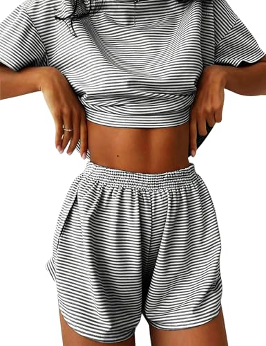 IECCP Schlafanzug Damen Kurz Pyjama T-Shirt Kurzarm Pyjamas Set Nachtwäsche Set Zweiteiliger Sommer Loungewear Sleepwear Schwarz und Weiß Gestreifter Schlafanzug L von IECCP