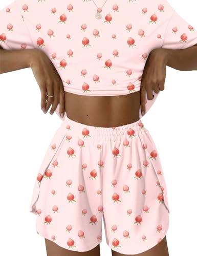 IECCP Schlafanzug Damen Schlafanzugoberteile und Kurze Hose Pyjamas Set Nachtwäsche Set Zweiteiliger Sommer Loungewear Sleepwear Aprikose mit Erdbeere Schlafanzug XXL von IECCP