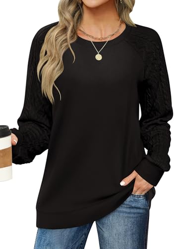 IECCP Schwarz Pullover Damen Herbst Basic Langarmshirt Casual Rundhals Langarm Oberteile Elegant Ärmel mit Zopfmuster Tops Schwarz S von IECCP