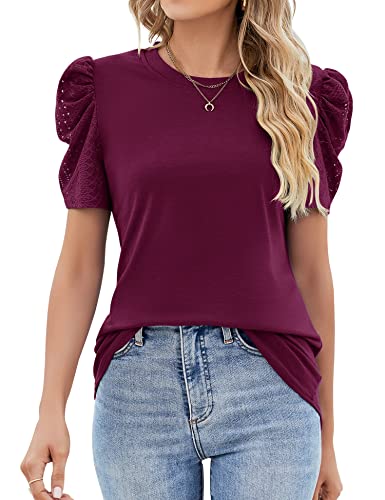 IECCP Shirt Damen Leicht Elegant Lässig Blusen & Tuniken für Kurzarm Bluse Schwarz Oberteile mit Kurzen ärmeln Locker Bügelfrei Weich Longshirt Fallend(Violett Rot,M) von IECCP