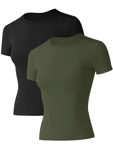 IECCP Sportshirt Frauen Kurzarm Leichtes Wandershirt Damen Atmungsaktiv Funktions Sport Oberteile Oversize Rundhals Sport Top Passend für Fitness Laufshirt Yoga Armeegrün 2er Pack XL von IECCP