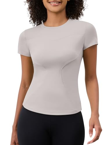 IECCP Sport Oberteil Damen Gym Tops Kurzarm Sportshirt Rundhals T-Shirt Atmungsaktiv Sport Top Damen Funktionsshirt Passend für Fitness Laufen Yoga Elfenbeingrau XL von IECCP