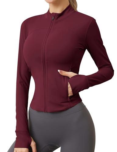 IECCP Sport Top Sportjacke Damen Langarm Laufjacke Oberteile Sportbekleidung für Damen Gym Yoga Trainingsjacke Dünne Jacke Fitness Outfit Shirt mit Daumenloch Burgunderrot M von IECCP