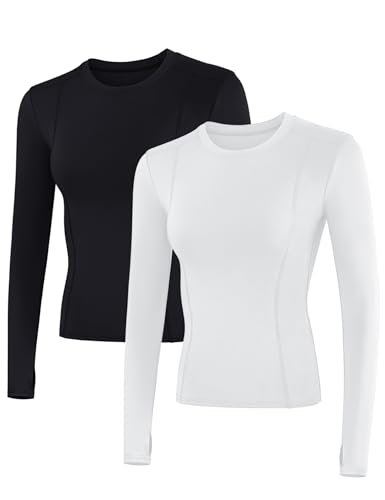 IECCP Sport Tshirts Damen Langarm Laufshirt Gym Top Trainingsshirt Sportshirt Workout Oberteil Running T-Shirt mit Daumenlöcher 2er Pack Schwarz und Weiß M von IECCP