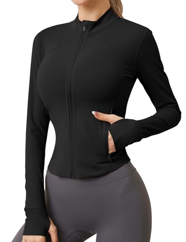 IECCP Sportjacke Damen Langarm Laufjacke Sport Oberteile Sportbekleidung für Damen Gym Yoga Trainingsjacke Dünne Jacke Fitness Outfit Shirt Top mit Daumenloch Schwarz M von IECCP