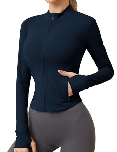 IECCP Sportjacke Damen Laufjacke Leicht Fitness Sport Oberteile Sportkleidung Frauen Langarm Gym Yoga Trainingsjacke Dünne Jacke Outfit Shirt Top mit Daumenloch Navy Blau S von IECCP