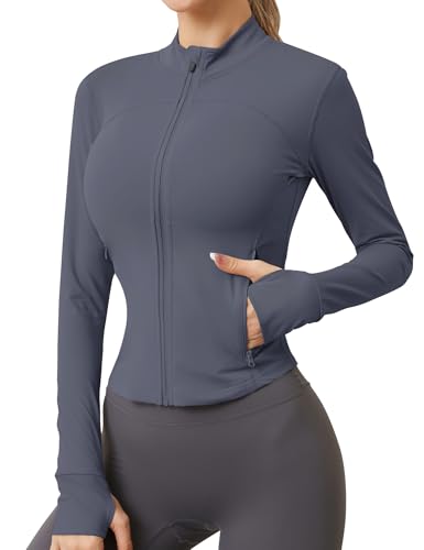 IECCP Sportjacke Damen Laufjacke Trainingsjacke Sportkleidung Frauen Sweatjacke Damen Ohne Kapuze Yoga Fitness Leichte Jacke Dunkelgrau Blau S von IECCP
