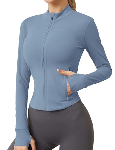 IECCP Sportjacke Leichte Jacke Damen Laufjacke Trainingsjacke Activewear Sportkleidung Frauen Sport Jacke Fitness Enge Zip Sportswear Yoga Gym Kleidung Grau Blau L von IECCP