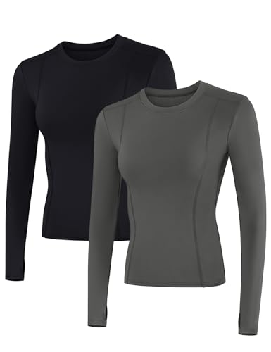 IECCP Laufshirt Damen Langarm Sportshirt Wandershirt Langarm Tops Fitness Langarmshirt Fitness Funktionsshirt mit Daumenloch 2er Pack Schwarz und Grau L von IECCP