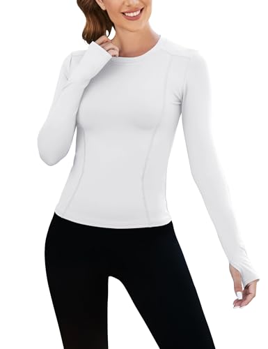 IECCP Sportshirt Damen Funktionsshirt Stretch Schnelltrocknend Activewear Atmungsaktiv Laufshirt Langarm Fitness Wandershirt Top mit Daumenlöcher Weiß XS von IECCP