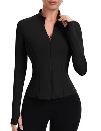 IECCP Sportshirt Damen Gym Yoga Laufjacke Funktionsshirt Sportjacke Atmungsaktive Langarm Trainingsjacke Fitness Oberteil mit Taschen und Daumenloch Schwarz XL von IECCP