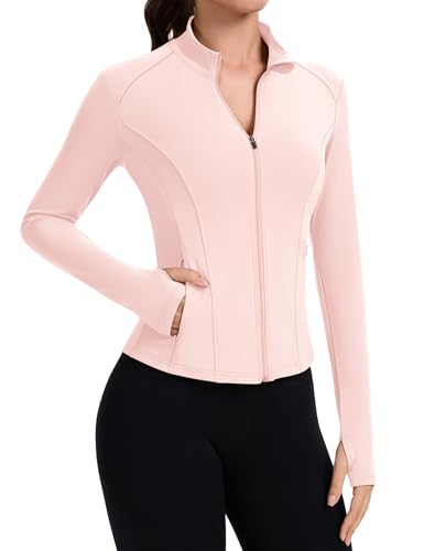 IECCP Sportshirt Damen Gym Yoga Top Langarm Laufjacke mit Taschen Sportjacke Funktionsshirt Sport Fitness Oberteil Trainingsjacke mit Reißverschluss und Daumenloch Rosa XS von IECCP