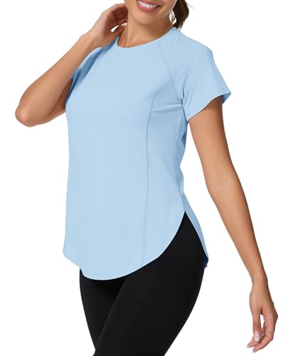 IECCP Sportshirt Damen Kurzarm Sport Oberteile Atmungsaktiv Back Mesh Laufshirt UV Shirt Funktionsshirt Fitness Gym Yoga Top Blau M von IECCP