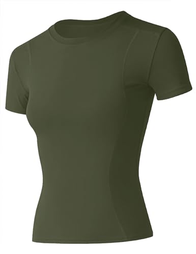 IECCP Sportshirt Damen Kurzarm T-Shirt Solide Dehnbar Sport Fitness T-Shirt Sommer Lauftop Funktionsshirt Frauen Wandern Tailliert Rundhals T-Shirt Armeegrün S von IECCP