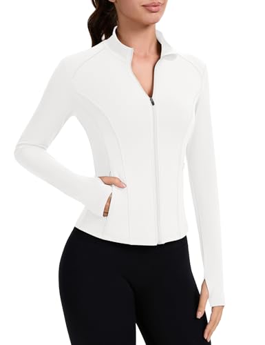 IECCP Sportshirt Damen Langarm Laufjacke Atmungsaktiv Funktionsshirt Sport Oberteil Laufshirt Trainingsjacke Gym Yoga Top mit Taschen und Daumenloch Weiß S von IECCP