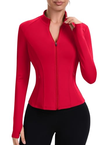 IECCP Sportshirt Damen Langarm Laufjacke Sport Oberteil Sportjacke Funktionsshirt Atmungsaktive Trainingsjacke Gym Yoga Top mit Taschen und Daumenloch Rot L von IECCP