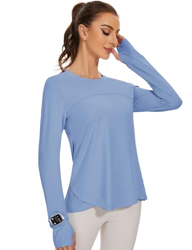 IECCP Sportshirt Damen Langarm Sommer UPF 50+ Sonnenshirt mit Rundhals Leichtes Atmungsaktiv Schnelltrocknend Trainingsshirt Outdoor Fitness Oberteil von IECCP
