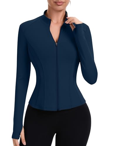 IECCP Sportshirt Damen Langarm Sportjacke mit Tasche Laufjacke Sport Oberteil Gym Tops Yoga Fitness Funktionsshirt Leicht Trainingsjacke mit Daumenloch Marineblau M von IECCP