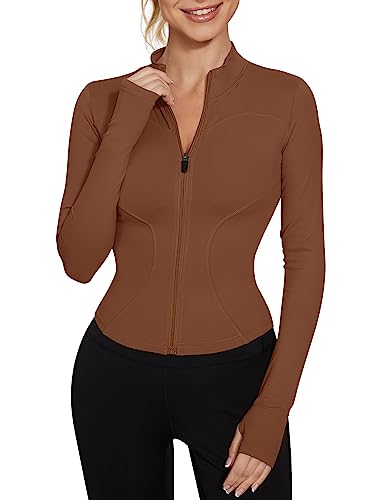 IECCP Sportshirt Damen Laufshirt Langarm T Shirt Trainingsshirt Yoga Crop Top Fitness Sport Oberteile Damen mit Daumenloch Atmungsaktiv Brown S von IECCP