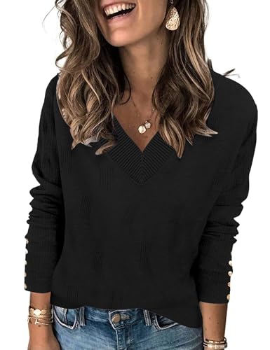 IECCP Strickpullover Damen V-Neck Langarmshirt Leicht Pullover Dekorative Knöpfe Herbst Elegant Casual(Schwarz,XL) von IECCP