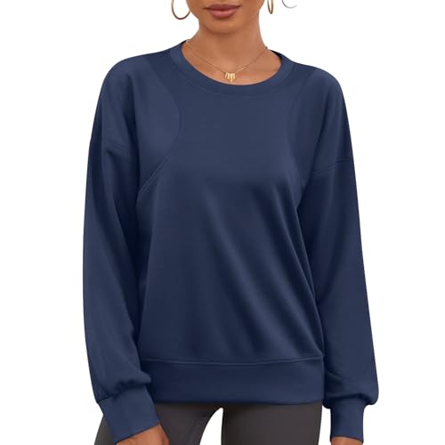 IECCP Sweatshirt Damen Pullover Locker Langarm Oberteile Pulli Lässig Rundhals Sweater Tops Autumn Winter Sweatshirts Langarmshirt fur Mädchen Oversized 2024 Navy blau L von IECCP