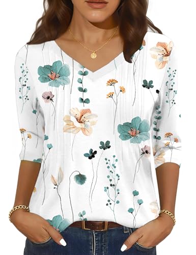 IECCP T-Shirt Damen 3/4 Arm V-Ausschnitt Bluse Blumen Falten Tunika Tops Sommer Elegant Oberteile Locker Lässig Hemd 2025(Weiß Blau Blumen,L) von IECCP