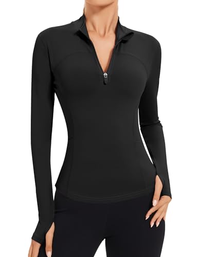 IECCP T-Shirt Damen Gym Top Sport Oberteil Yoga Langarm Crop Top Sportshirt Leicht Fitness Oberteil mit 1/4 Reißverschluss und Daumenloch Schwarz S von IECCP