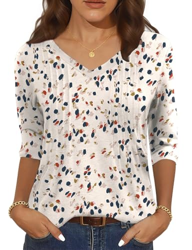 IECCP T-Shirts für Damen 3/4 Arm V-Ausschnitt Bluse Blumen Falten Tunika Tops Sommer Elegant Oberteile Locker Lässig Hemd 2025(Aprikosen Punkt Druck,L) von IECCP