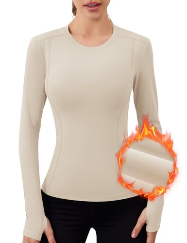 IECCP Thermoshirt Damen Langarm Sport Thermo Oberteil Pullover Damen Herbst Basic Langarmshirt Leicht Sportshirt mit Daumenlöcher für Tägliches Outfit Laufen Training Knochen XS von IECCP