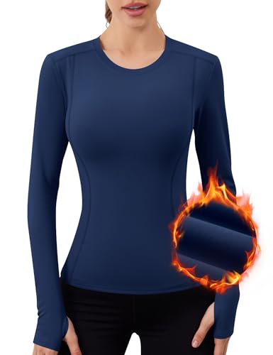 IECCP Thermoshirt Damen Langarm Thermo Unterhemd Winter Sport Compression Langarmshirt Fleece Laufshirt Basic Thermo Tshirt Lang mit Daumenlöcher Marineblau M von IECCP