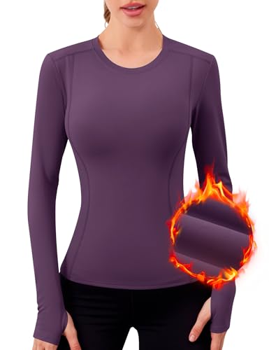 IECCP Thermounterwäsche Für Damen Warm Thermo Shirt Innenfleece mit Langen Ärmeln und Daumenlöchern Winter Thermal Underwear Oberteil Eng Sport Langarm Lang Thermoshirt Lila L von IECCP