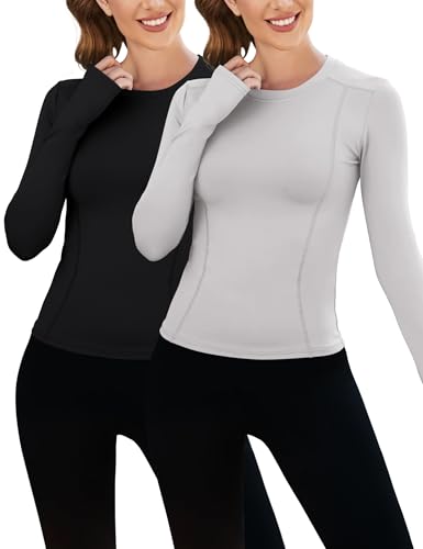 IECCP Tops Damen Gym Sport Tshirts Langarmshirt Laufshirts Yoga Top Fitness Sportshirt Leicht Workout Oberteil mit Daumenloch Gym Tops 2er Pack XS von IECCP