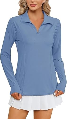 IECCP UPF50+ Sportshirt Damen Langarm Rashguard 1/4 Reißverschluss Poloshirts für Damen Leicht Stehkragen Langarmshirt für Laufen Wandern Lavendelblau XL von IECCP