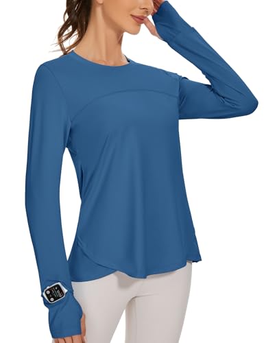 IECCP UV Shirt Damen Langarm Sonnenschutz Funktionsshirt mit Kapuze und Daumenloch Sportshirt Sommer Atmungsaktiv Langarmshirt Meliert Rash Guard Freizeitshirt von IECCP