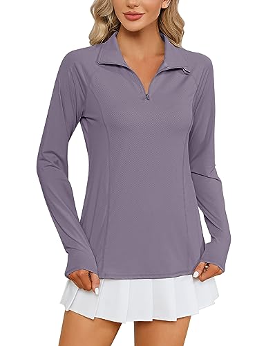 IECCP Uv Schutz Langarm für Damen T-Shirt UPF 50+ Sportshirt Golf Polo Langarmshirt Sommershirts mit Daumenlöcher Reißverschluss Kragen Hellviolett M von IECCP