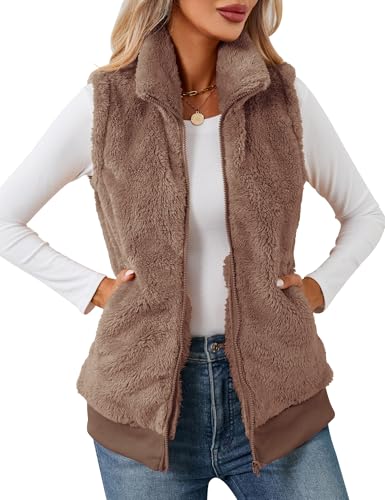 IECCP Weste Damen Outdoor Casual Leicht Ärmellos Daunenjacke Damen Einfarbig Elegant Mode Damen Weste Lang(Leichter Kaffee,L) von IECCP