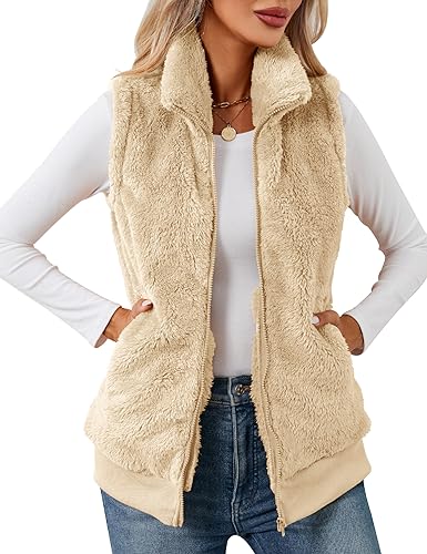IECCP Weste Damen Teddy-Fleece Ärmellos Bequem und Lässig Fellweste Weste Jacke Reißverschluss mit Stehkragen(Apricot,L) von IECCP