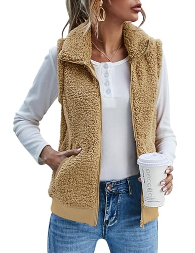 IECCP Westen Damen Lässig Fleecepulli Hohe Qualität Superweich Teddy Fleece Ärmellose Schwarze Weste Damen Khaik XL von IECCP