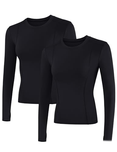 IECCP Damen Laufshirt Funktionsshirt Damen Langarm Sportshirt Fitness Workout Yoga Oberteil Running Yoga Tops mit Daumenlöcher 2er Pack Schwarz XL von IECCP