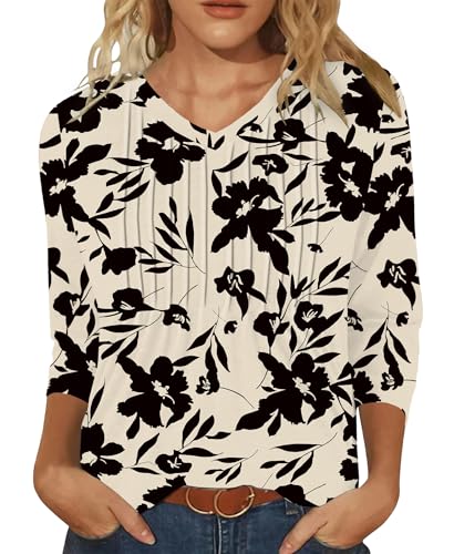 IEEILULU Bluse 3/4 Arm Damen Tunika Damen Sommer T-Shirt V Ausschnit Falten Tunika für Frauen Lässig Mode Lockere Blusen von IEEILULU