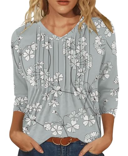 IEEILULU Damen Bluse 3/4 Arm Sommer Tunika T-Shirt V Ausschnitt Falten Tunika für Frauen Lässig Mode Lockere Blusen Grau mit Aufdruck L von IEEILULU