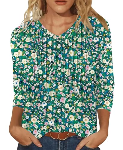 IEEILULU Damen Bluse 3/4 Arm Sommer Tunika T-Shirt V Ausschnit Falten Tunika für Frauen Lässig Mode Lockere Blusen Grüne Bluse mit Aufdruck M von IEEILULU