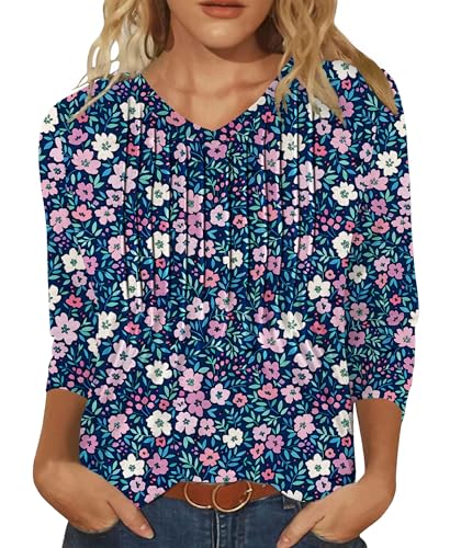 IEEILULU Damen Bluse 3/4 Arm Sommer Tunika T-Shirt V Ausschnit Falten Tunika für Frauen Lässig Mode Lockere Blusen Lila mit Aufdruck S von IEEILULU