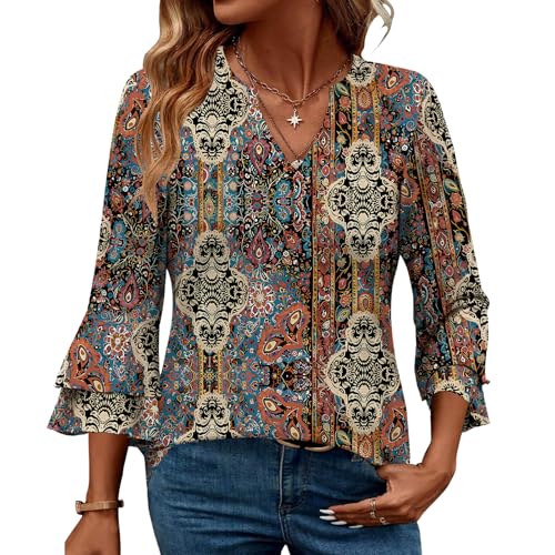 IEEILULU Bluse Damen V-Ausschnitt 3/4 Arm Tunika Elegante Oberteile mit Rüschenärmeln Casual Leicht Tops Braun XL IEEILULU Bluse Damen V-Ausschnitt 3/4 Arm Tunika Elegante Oberteile mit Rüschenärmeln Casual Leicht Tops Braun XL von IEEILULU