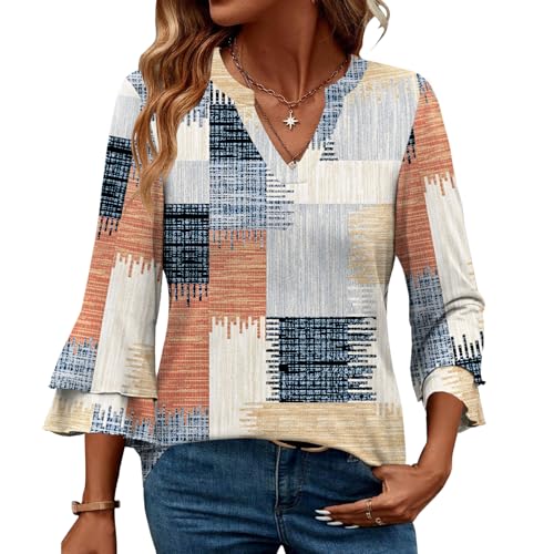 IEEILULU Bluse Damen V-Ausschnitt 3/4 Arm Tunika Elegante Oberteile mit Rüschenärmeln Casual Leicht Tops (DE/NL/SE/PL, Alphanumerisch, S, Regular, Regular, Gelb) von IEEILULU