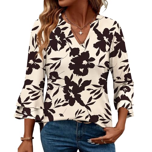 IEEILULU Bluse Damen V-Ausschnitt 3/4 Arm Tunika Elegante Oberteile mit Rüschenärmeln Casual Leicht Tops (DE/NL/SE/PL, Alphanumerisch, XL, Regular, Regular, Mandel) von IEEILULU