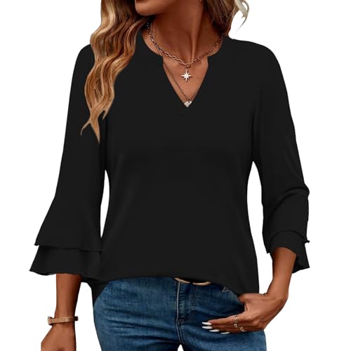IEEILULU Bluse Damen V-Ausschnitt 3/4 Arm Tunika Elegante Oberteile mit Rüschenärmeln Casual Leicht Tops Schwarz L IEEILULU Bluse Damen V-Ausschnitt 3/4 Arm Tunika Elegante Oberteile mit Rüschenärmeln Casual Leicht Tops Schwarz L von IEEILULU